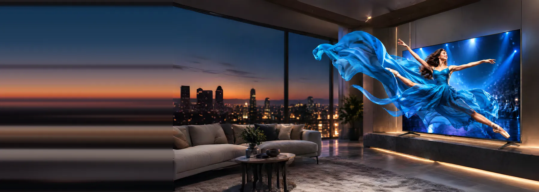A large Samsung television in a city apartment at dusk