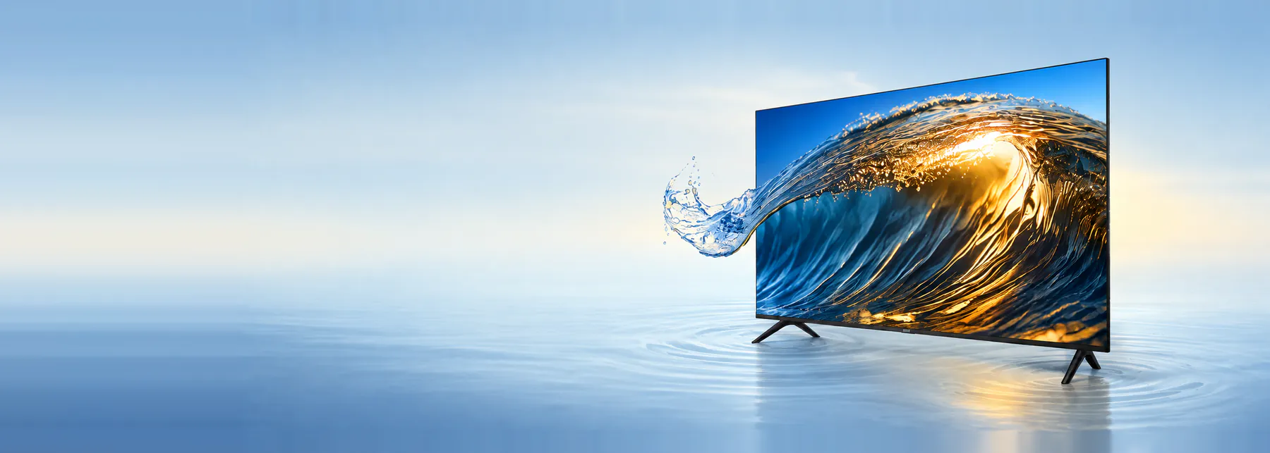 A TCL television on a pale blue water backdrop