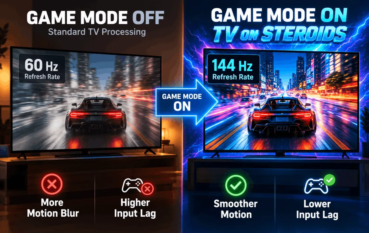 Game mode off at 60Hz with motion blur and higher input lag, beside game mode on at 144Hz with smoother motion and lower input lag