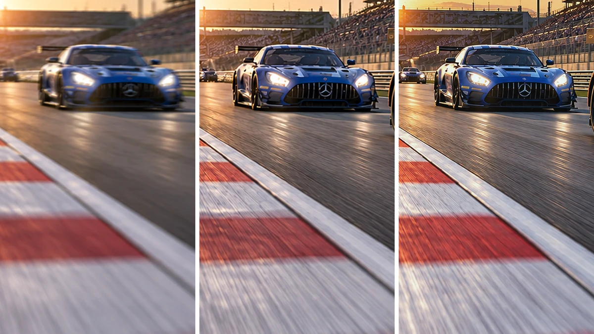 The same car and kerb at three refresh rates, from a heavy smear to a crisp edge