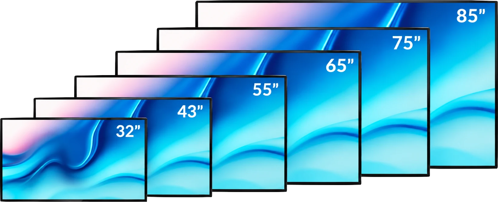 Televisions from 32 to 85 inches lined up by size