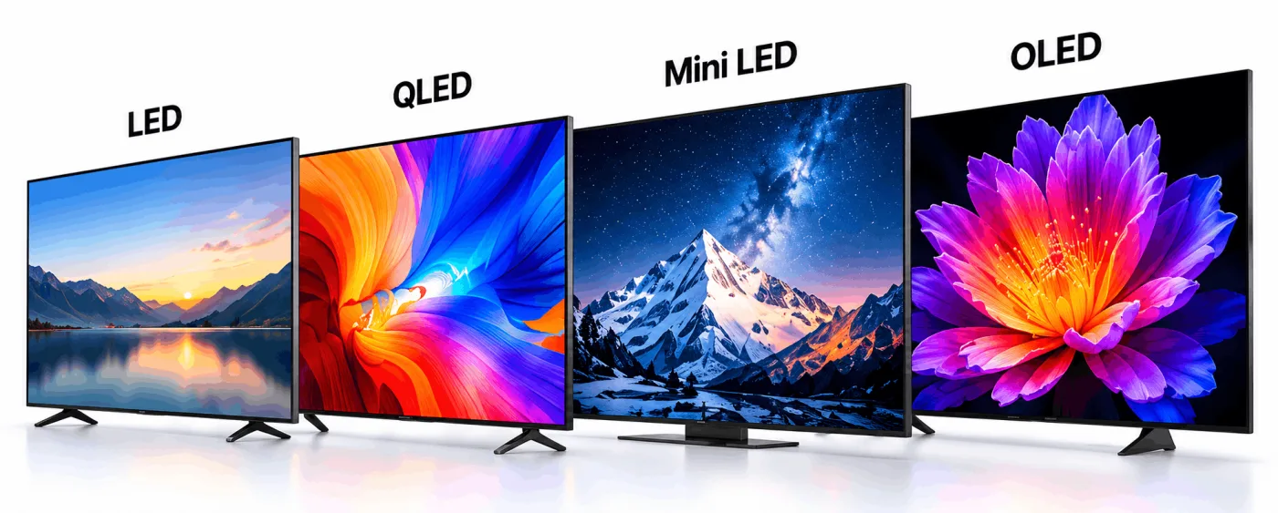 LED, QLED, Mini LED and OLED televisions side by side